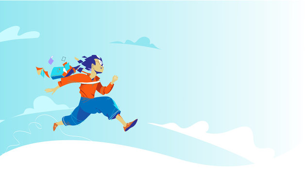 The school is over. A happy school boy running towards his dreams with clear sky background. Vector illustration