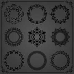 Vintage set of round elements. Different elements for decoration and design frames, cards, menus, backgrounds and monograms. Classic patterns. Set of vintage black patterns