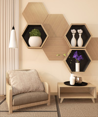 Wooden Hexagon shelf and wooden hexagon tiles design on japan ryokan design tatami mat and wooden wall with decoration japanese style.3D rendering