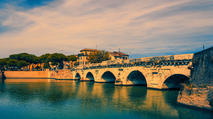 Tiberius bridge in Rimini in the morning