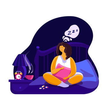 Woman character with insomnia or nightmare sitting in bed at night bedroom hug pillow because of fear