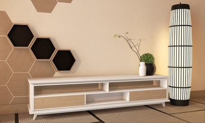 wooden cabinet tv with wooden hexagon tiles on wall and tatami mat floor room japanese style.3D rendering