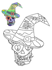 Vector decorative illustration for Halloween. Coloring book for kids or adults, which contain outline image for coloring. Black and white portrait of skull witches in hat with scary hand and spider.