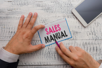 Word writing text Sales Manual. Business photo showcasing set of printed materials containing product descriptions