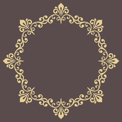 Oriental round frame with arabesques and floral elements. Floral golden border with vintage pattern. Greeting card with place for text