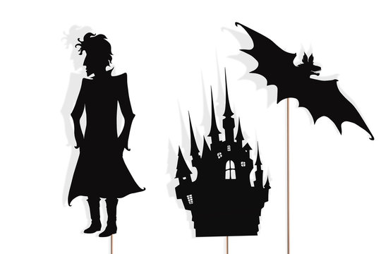 Vampire, castle and bat, Halloween shadow puppets