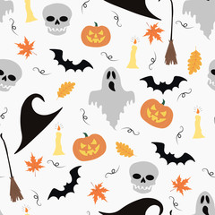 Halloween seamless pattern.  Skull, pumpkin, hat, candle, bat, broom on a white background.  For print, cover, gift wrapping.