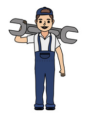 young mechanic worker lifting wrench