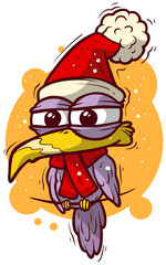 Funny purple bird in christmas hat and scarf. Isolated on white background. New year vector icon.