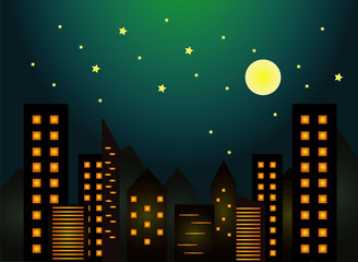 city at night with full moon and stars