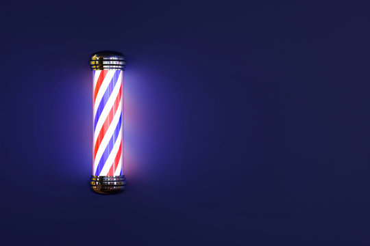 Barbershop pole glowing isolated on dark blue background; 3d rendering; copy space at right side of an image