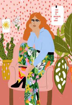 Illustration of woman sitting on armchair