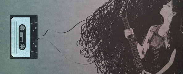 Rocker woman portrait and cassette tape