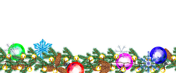 Seamless bottom border of realistic Christmas garland with fir branches, glass balls, snowflakes and lighting lamps. Watercolor hand painted isolated elements on white background. 
