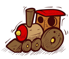 Cartoon colorful wooden train. Isolated on a white background. Vector illustration.