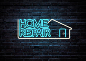 Home repair neon sign with house