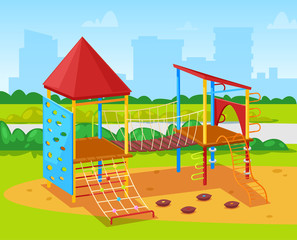 Leisure and activity for kids, and for children in city park. Cityscape with skyscrapers and igh buildings, construction with ropes and challenges. Vector illustration in flat cartoon style