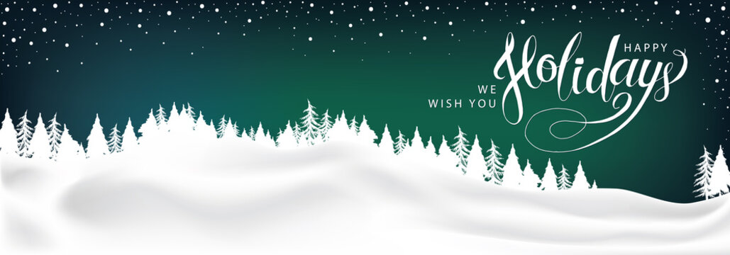 Happy Holidays Winter Landscape Background. Northern Lights Vector