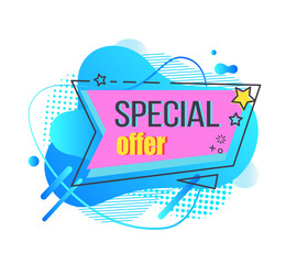 Promotional banner with special offer vector, stars and abstract design of emblem marketing of goods, shopping bag and symbols of rate and review. Stiker for shop sale on black friday