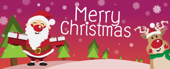 Santa Claus and Reindeer cartoon characters for Christmas Greeting; on Purple background with snowflakes; Family and Happy New Year Concept; design for Card and poster; Vector illustration.