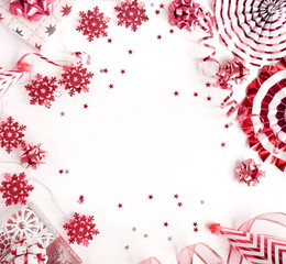 christmas or new year pink color decorations on white background with empty copy space for text. Xmas, holiday and celebration concept for postcard or invitation. top view 