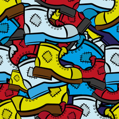 Seamless pattern. Beautiful old multi-colored shoes. Vector drawing. Background. Texture.