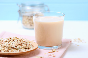 oatmeal milk on the table. Vegetable Milk, Vegetarian Milk.
