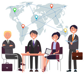 Smiling workers together, employees conference and report. International business, map with locations, worldwide connection, people corporate. Multinational team. Connect business different countries