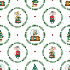 Seamless pattern with Christmas elements. Snow globe, mice, tree. Watercolor hand drawn