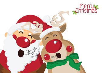 Happy Santa Claus Singing with Cute Reindeer Background,cartoon characters for Christmas Greeting,Happy New Year Concept,design for wallpaper and other,with space and text input,Vector,Illustration.