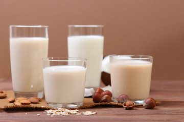 Different types of vegetable milk on the table. Coconut, oatmeal, hazelnut, almond milk. Vegetarian milk.
