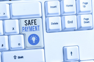 Word writing text Safe Payment. Business photo showcasing webpage where credit card numbers are entered is secured White pc keyboard with empty note paper above white background key copy space