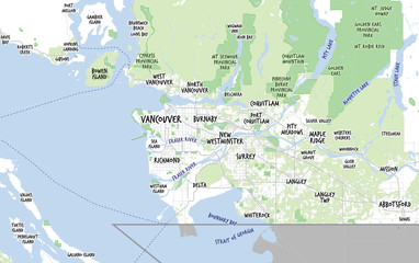 Fototapeta premium Map of Vancouver and municipalities with Vancouver Island. Canada, British Columbia. Light blue and green color theme with a handwritten font. Modern look