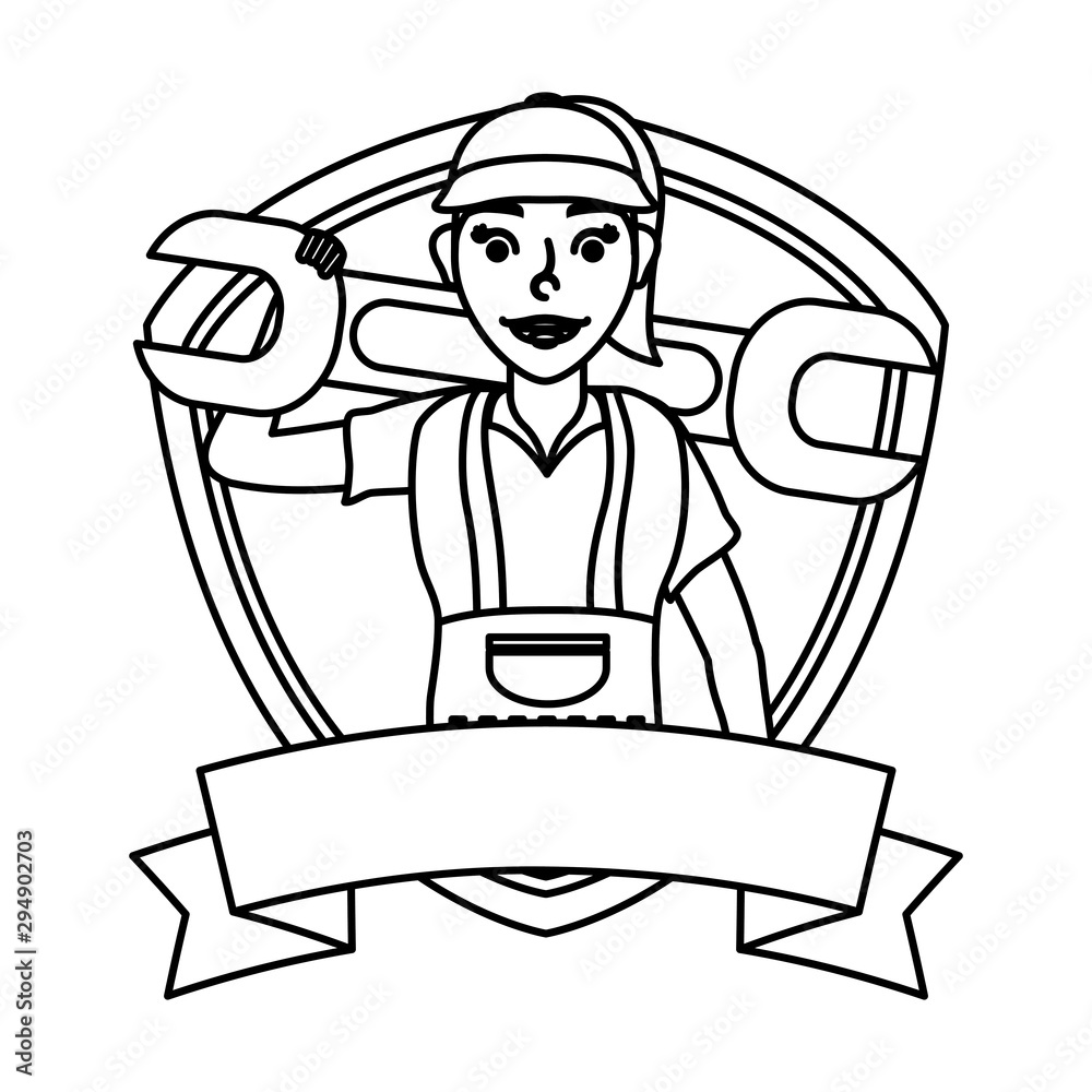 Poster female young mechanic worker lifting wheel in shield