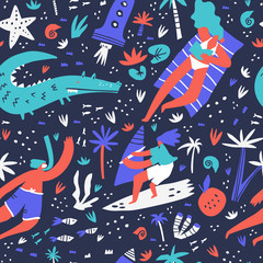 Tropical beach leisure hand drawn seamless pattern. Male and female vacationists cartoon characters. Summertime doodle vector illustration. Decorative textile, wallpaper, wrapping paper design idea