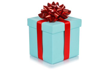 Birthday gift christmas present turquoise box isolated on white