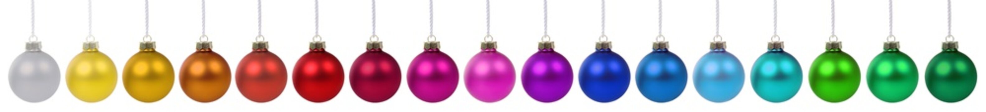 Christmas balls baubles banner color colorful decoration in a row isolated on white