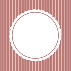 Naklejka premium Retro photoframe, spare place in round frame isolated on striped pink or purple background. Vector poster template with ornamental gentle napkin