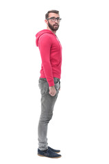 Naklejka premium side view. modern trendy guy in red jacket.