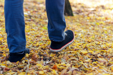 man walking on fallen autumn leaves in the forest