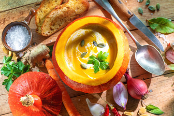 Squash soup served in a pumpkin