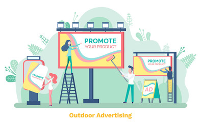 Outdoor advertising, promote your product. Man and woman standing on stairs near billboard or ad poster, public information on board, advertisement. Vector illustration in flat cartoon style - obrazy, fototapety, plakaty