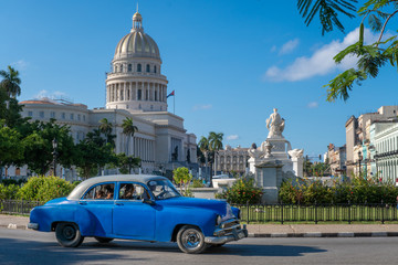 Classic car in front of the Capitol in Havana, Cuba in October 2019