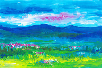 Oil landscape painting. Blue mountains, green fields, pink flowers, sunset sky. 