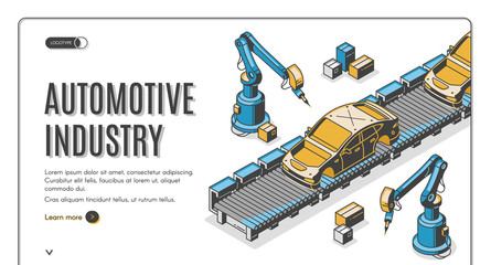 Automotive industry isometric landing page, robots hands assemble car on conveyor belt. Innovation technology and factory automation process in manufacture. 3d vector illustration, line art web banner
