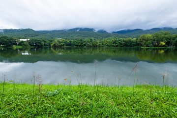 green grass landscape lake views at Ang Kaew Chiang Mai University in nature forest Mountain views spring blue sky background with white cloud.