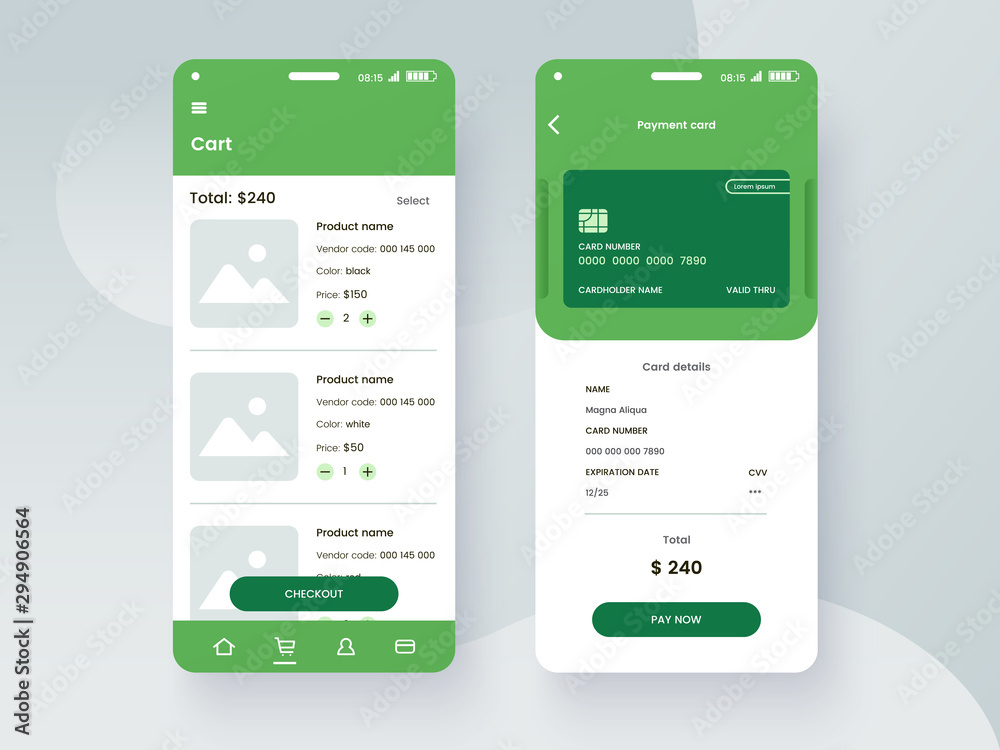 Poster Conceptual mobile phone screen mock-up for application interface presentation. User interface design template in green colors. Online payment GUI concept isolated on grey background. Vector eps 10.