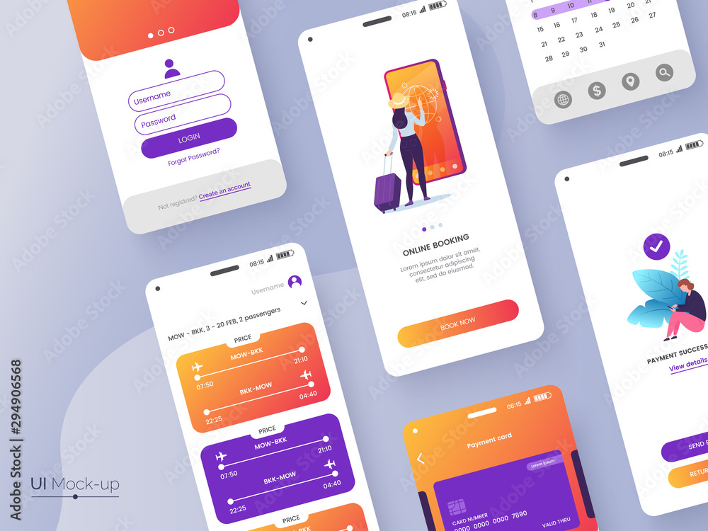 Fototapete Conceptual mobile phone screen mock-up for application interface presentation. User interface design template. UI, UX, GUI concept isolated on grey background. Vector eps 10.