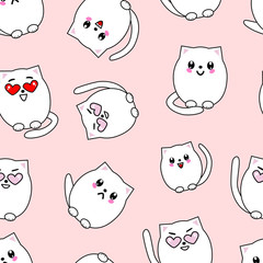 Vector cartoon illustration of Cute cat different emotion on pink background. Kawaii cat seamless pattern ideal for textile, children room, baby shower