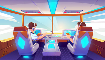 Pilots in airplane cockpit, jet cabin with control panel, plane interior with seats, flight deck dashboard with navigation monitors and sky view in windows. Modern airliner Cartoon vector illustration © vectorpouch